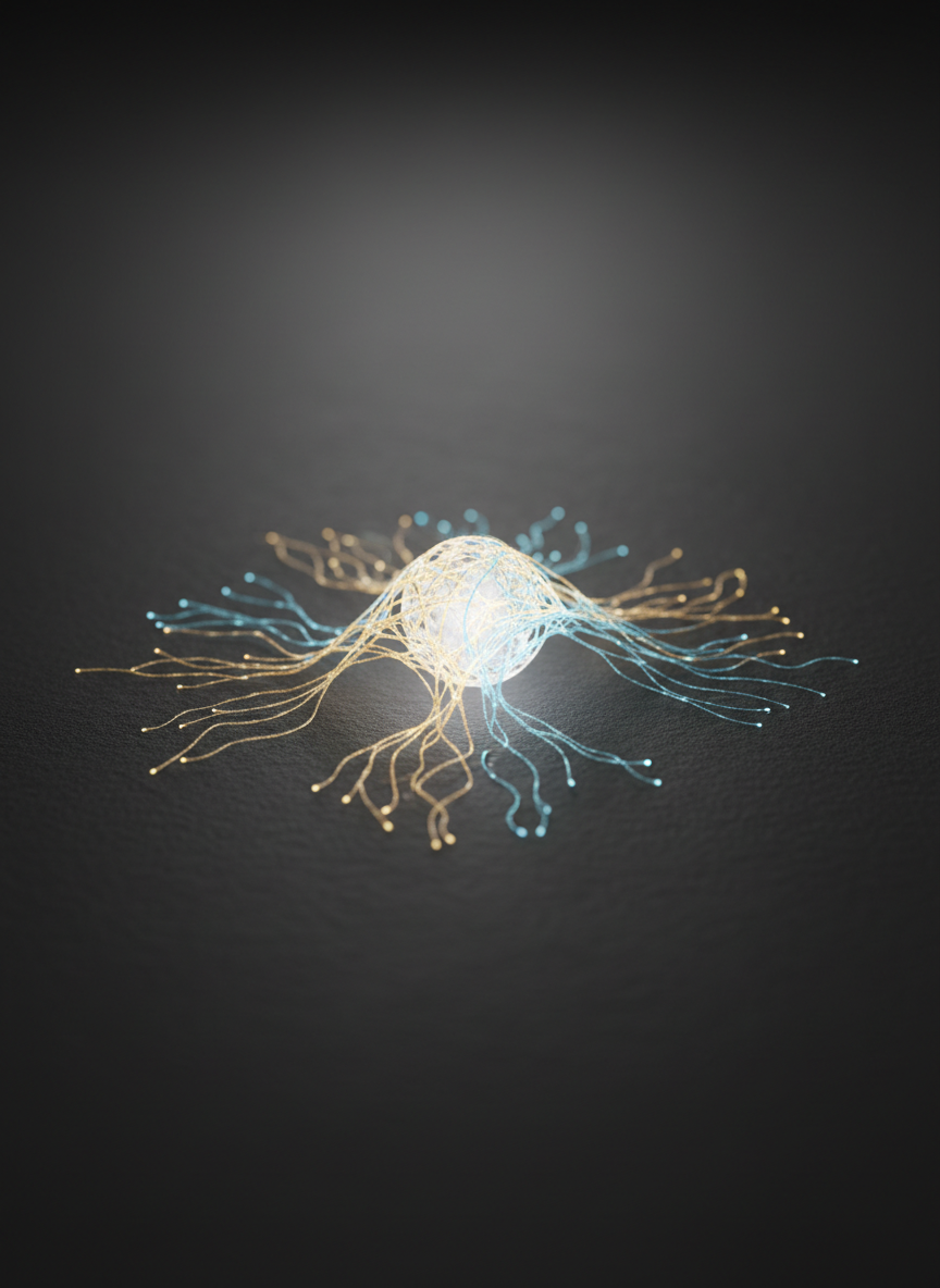 An abstract yet realistic image of a gently glowing, interconnected neural pathway model on a matte charcoal surface, representing the subconscious mind in hypnotherapy. The pathways appear as delicate, softly lit filaments of pale gold and cool blue, converging toward a quiet luminous center, suggesting non-dual awareness. The background is a dark, smooth gradient, keeping focus on the structure without distraction. Subtle, controlled studio lighting from above and slightly behind highlights the textures and creates a calm halo effect around the central convergence. Photographic realism with a centered composition and shallow depth of field intensifies the focal point. The mood is scientific yet contemplative, blending professionalism with a sense of inner mystery and profound integration.