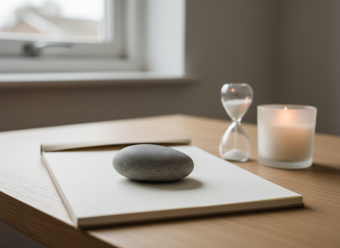 A close-up of a smooth, river-worn stone resting on an open, blank cream-colored notebook placed on a light oak desk, symbolizing clarity and inner stillness in hypnotherapy. Nearby, a simple sand glass timer and a small frosted glass candle add subtle detail. Soft overcast daylight enters from the left, creating diffused, even illumination with delicate shadows that suggest depth but no harsh contrast. Photographic realism with a shallow depth of field keeps the stone and notebook sharply focused while the background fades into gentle blur. The mood is contemplative, grounded, and professional, evoking non-dual awareness and therapeutic focus through a minimalist, modern aesthetic.
