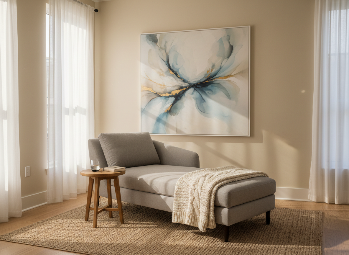 A tranquil therapeutic workspace designed for hypnotherapy, featuring a soft grey linen chaise longue with a plush throw, beside a small oak side table holding a glass of water and a minimalist journal. The room has pale sand-colored walls and a large abstract painting evoking light and spaciousness. Gentle late-afternoon natural light filters through sheer white curtains, creating soft, elongated shadows and a peaceful atmosphere. Shot at eye level in photographic realism, with a balanced, slightly wide composition that shows the whole space clearly. The mood is calm, professional, and deeply reassuring, emphasizing clarity, presence, and non-dual therapeutic exploration without any human presence.