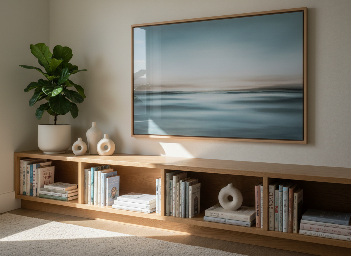 A serene, minimalist therapy room corner with a low, pale wood bookshelf filled with neatly arranged psychology and spirituality books, interspersed with a few smooth white ceramic objects and a single green plant. Above the shelf, a large framed print of a soft, out-of-focus horizon in muted blues and beiges suggests non-dual openness and spaciousness. Natural morning light pours in from an unseen window, creating luminous highlights on the plant leaves and subtle reflections on the frames. Photographic realism, shot from a slightly elevated angle with a clean, balanced composition. The atmosphere is warm, professional, and introspective, ideal for a hypnotherapy practice centered on inner expansion and gentle transformation.